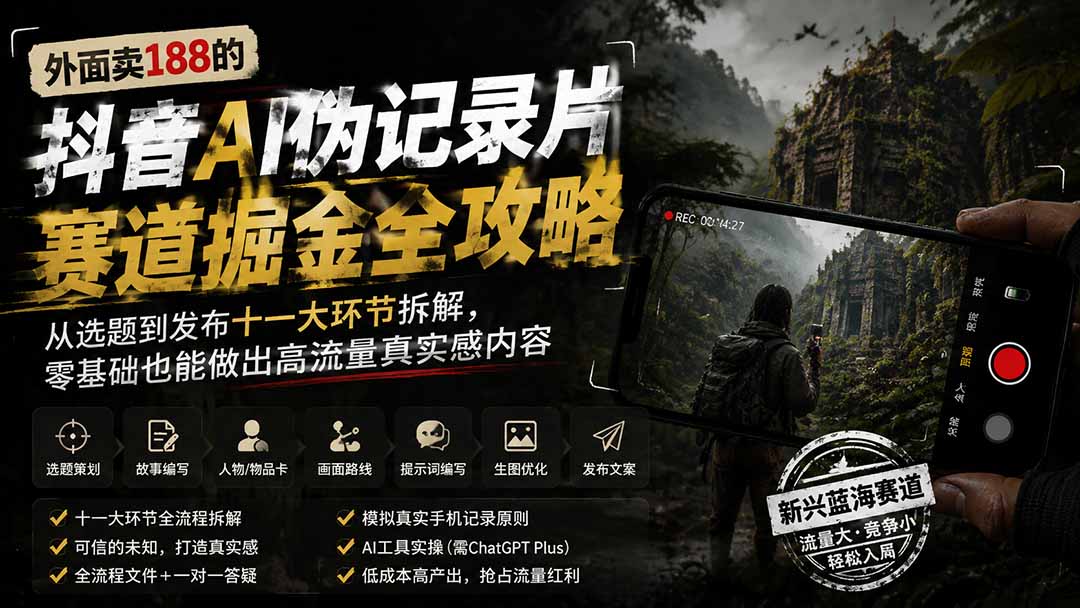外面卖188的抖音AI伪记录片赛道掘金全攻略-更新;从选题到发布十一大环节拆解,零基础也能做出高流量真实感内容-娜娜项目网