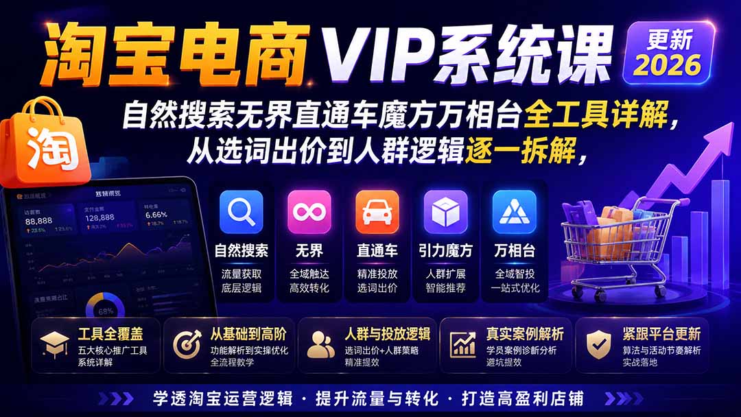 淘宝电商VIP系统课-更新8月;自然搜索无界直通车魔方万相台全工具详解,从选词出价到人群逻辑逐一拆解-娜娜项目网