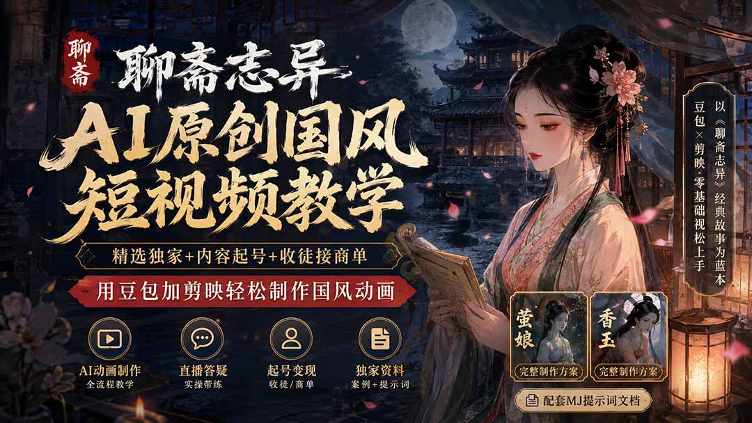 聊斋志异AI原创国风短视频教学;精选独家+内容起号+收徒接商单,用豆包加剪映轻松制作国风动画-娜娜项目网