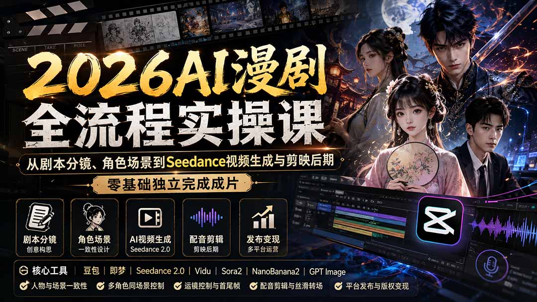 2026AI漫剧全流程实操课:从剧本分镜、角色场景到Seedance视频生成与剪映后期,零基础独立完成成片-娜娜项目网