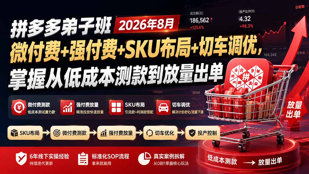 拼多多弟子班2026年8月:微付费+强付费+SKU布局+切车调优,掌握从低成本测款到放量出单-娜娜项目网
