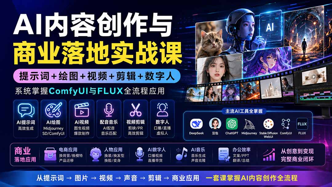 AI内容创作与商业落地实战课:提示词+绘图+视频+剪辑+数字人,系统掌握ComfyUI与FLUX全流程应用-娜娜项目网