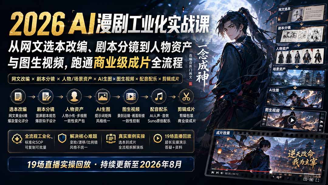2026 AI漫剧工业化实战课-更新:从网文选本改编、剧本分镜到人物资产与图生视频,跑通商业级成片全流程-娜娜项目网