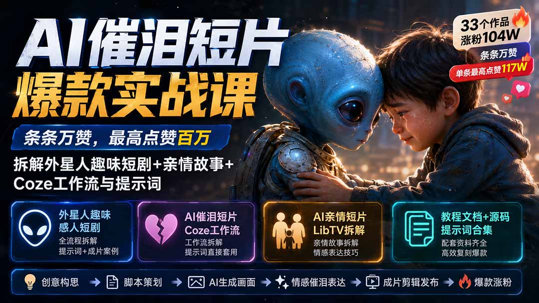 AI催泪短片爆款实战课:条条万赞,最高点赞百万,拆解外星人趣味短剧+亲情故事+Coze工作流与提示词-娜娜项目网