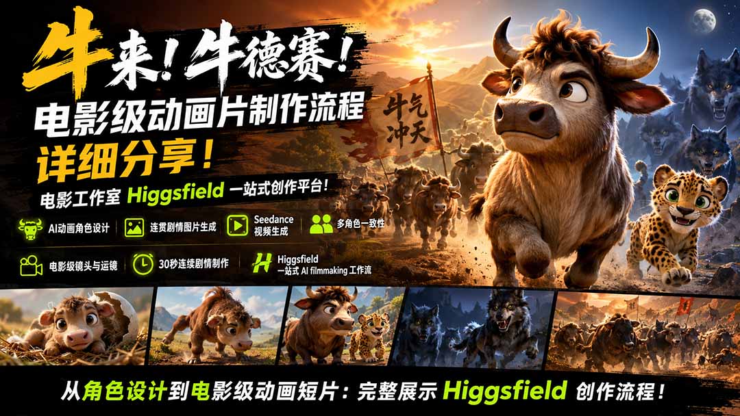 牛来！牛德赛！电影级动画片制作流程详细分享！电影工作室Higgsfield一站式创作平台！-娜娜项目网