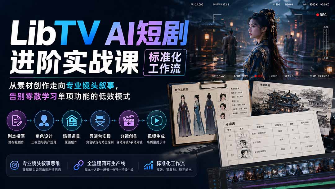 LibTV AI短剧进阶实操课标准化工作流;从素材创作走向专业镜头叙事,告别零散学习单项功能的低效模式-娜娜项目网