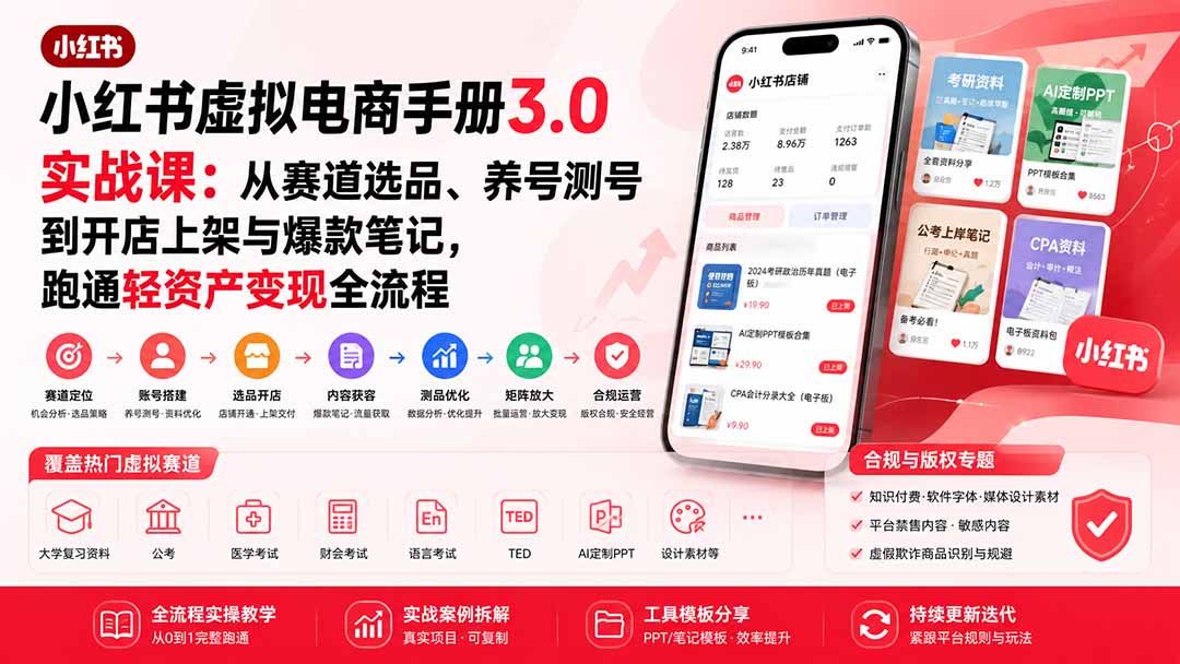 小红书虚拟电商手册3.0实战课：从赛道选品、养号测号到开店上架与爆款笔记，跑通轻资产变现全流程-娜娜项目网