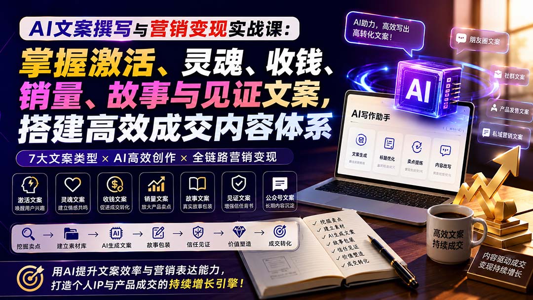 AI文案撰写与营销变现实战课:掌握激活、灵魂、收钱、销量、故事与见证文案,搭建高效成交内容体系-娜娜项目网