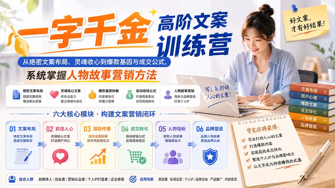 一字千金高阶文案训练营:从绝密文案布局、灵魂收心到爆款基因与成交公式,系统掌握人物故事营销方法-娜娜项目网