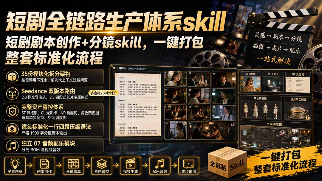短剧全链路生产体系skill,短剧剧本创作+分镜skill,一键打包,整套标准化流程-娜娜项目网