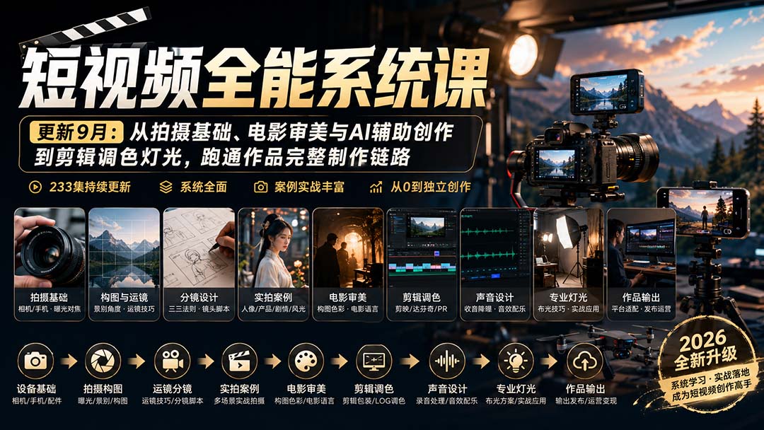 短视频全能系统课-更新8月233集：从拍摄基础、电影审美与AI辅助创作到剪辑调色灯光，跑通作品完整制作链路-娜娜项目网