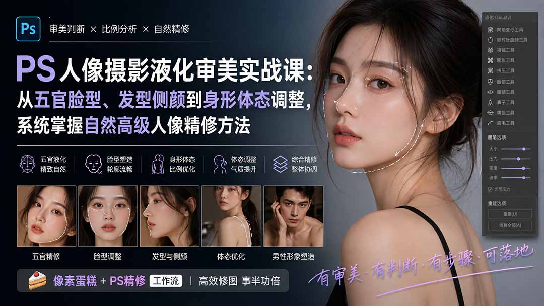 PS人像摄影液化审美实战课:从五官脸型、发型侧颜到身形体态调整,系统掌握自然高级人像精修方法-娜娜项目网
