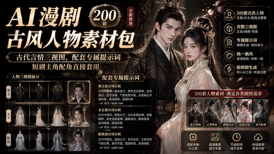 AI漫剧古风人物素材包+提示词|200 套古代言情三视图,配套专属提示词短剧主角配角直接套用-娜娜项目网