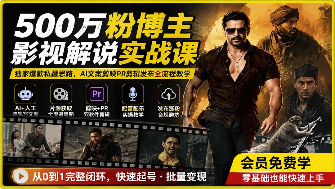 500万粉博主影视解说实战课|独家爆款私藏思路,AI文案剪映PR剪辑发布全流程教学-娜娜项目网