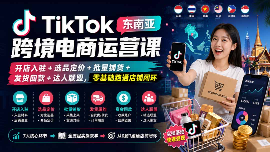 TikTok东南亚跨境电商运营课：开店入驻+选品定价+批量铺货+发货回款+达人联盟，零基础跑通店铺闭环-娜娜项目网