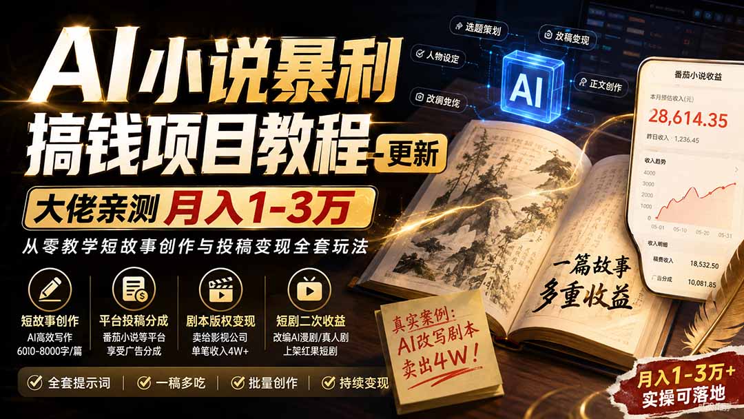 AI小说暴利搞钱项目教程-更新,大佬亲测月入1-3万,从零教学短故事创作与投稿变现全套玩法-娜娜项目网