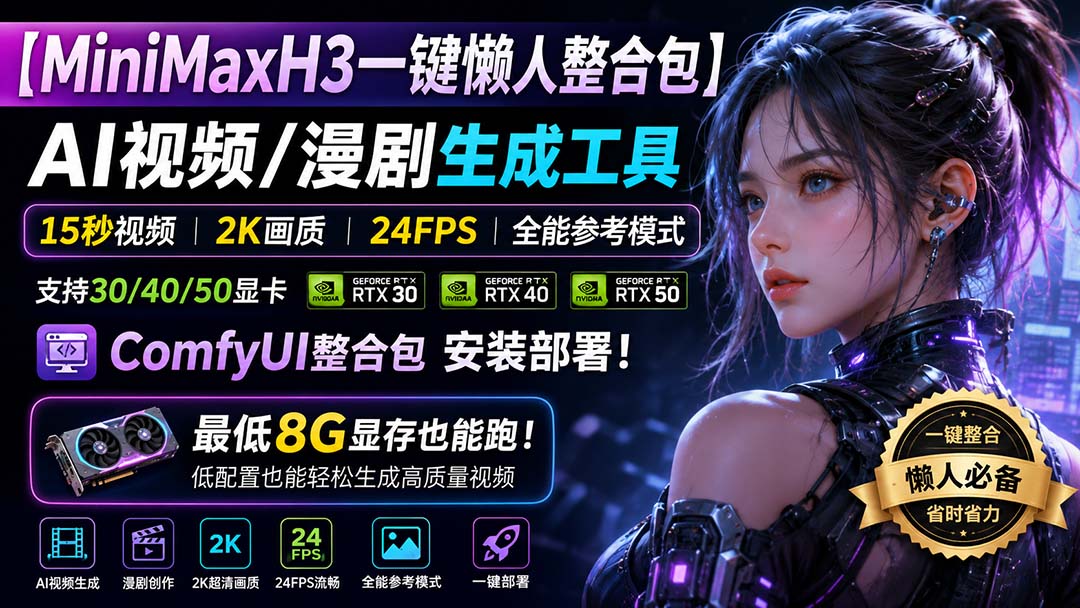 MiniMaxH3一键懒人整合包:AI视频/漫剧生成工具,15秒视频_2K画质_24FPS_全能模式,支持30_40_50显卡,8g显存也能跑-娜娜项目网