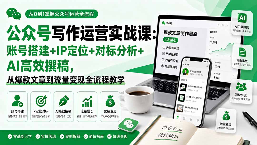 公众号写作运营实战课:账号搭建+IP定位+对标分析+AI高效撰稿,从爆款文章到流量变现全流程教学-娜娜项目网