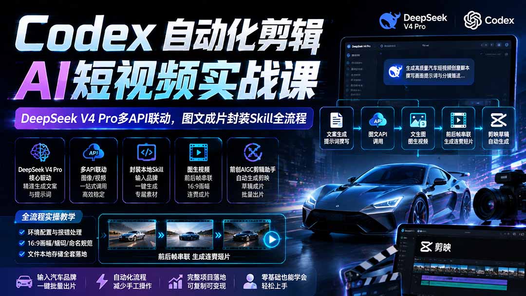 Codex自动化剪辑AI短视频实战课|DeepSeek V4 Pro多API联动,图文成片封装Skill全流程-娜娜项目网