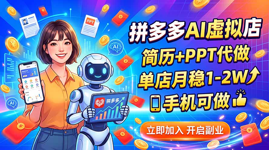 拼多多AI虚拟店,简历+PPT代做,单店月稳1-2W,手机可做-娜娜项目网