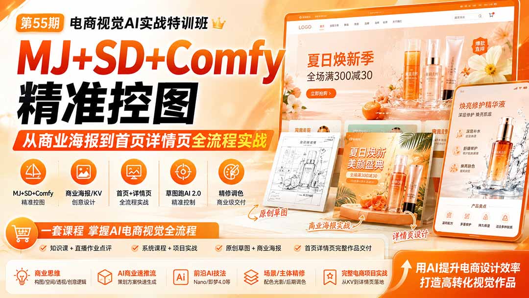 电商视觉 AI实战训练营第55期:MJ+SD+Comfy精准控图,从商业海报到首页详情页全流程实战-娜娜项目网