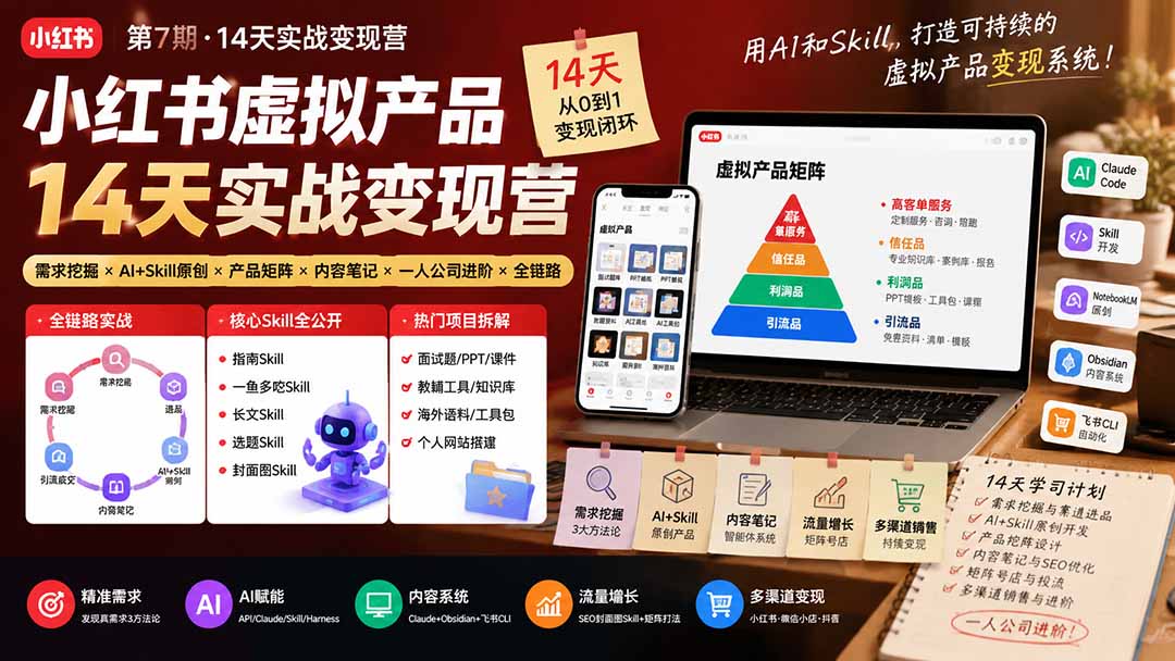 小红书虚拟产品14天实战变现营-第7期:需求挖掘×AI+Skill原创×产品矩阵×内容笔记×一人公司进阶×全链路-娜娜项目网