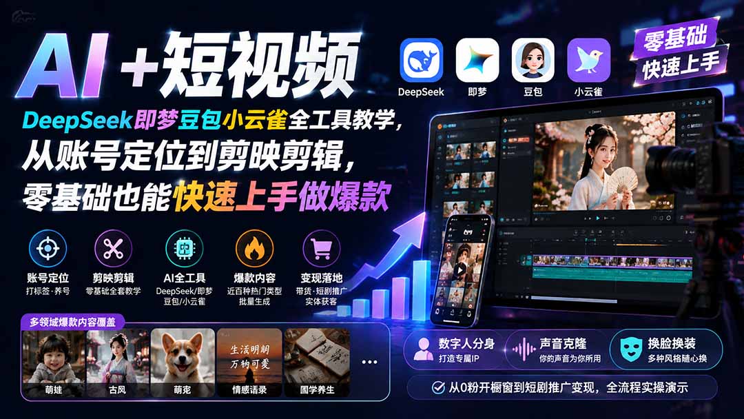 AI+短视频|DeepSeek即梦豆包小云雀全工具教学,从账号定位到剪映剪辑,零基础也能快速上手做爆款-娜娜项目网