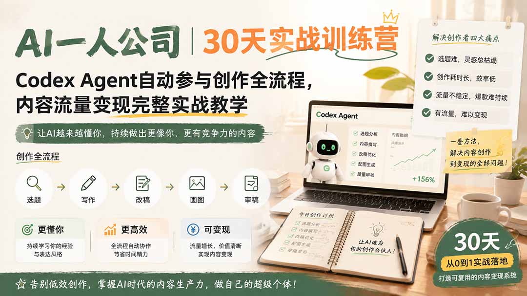 AI一人公司|30天实战训练营;Codex Agent自动参与创作全流程,内容流量变现完整实战教学-娜娜项目网
