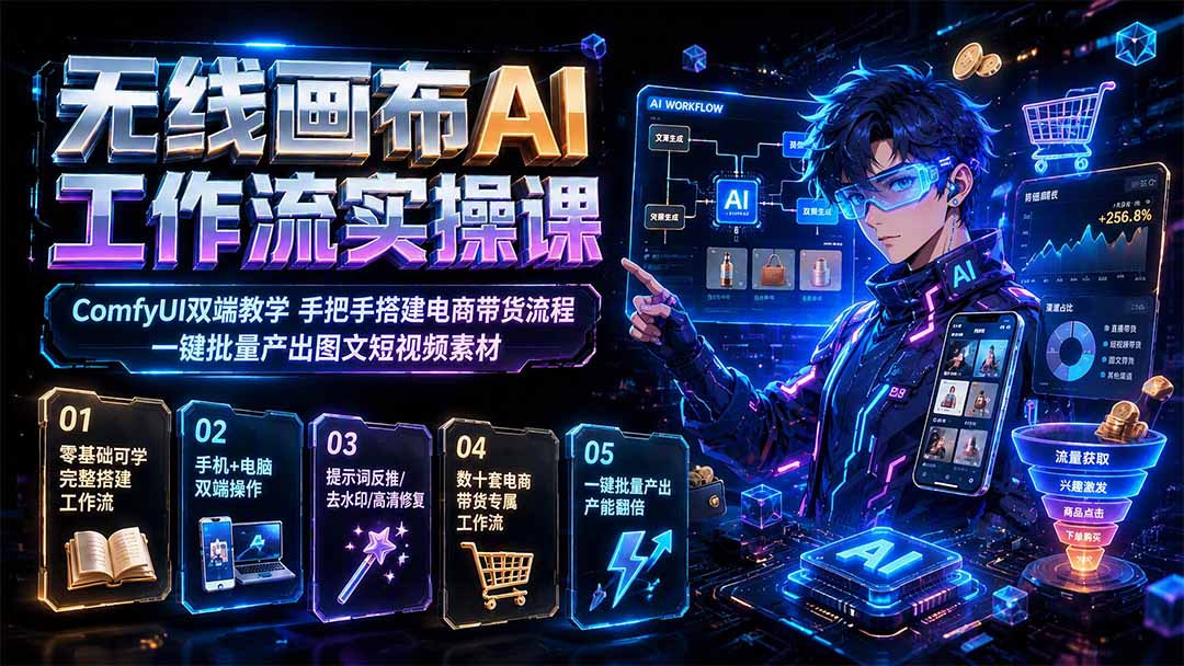 无线画布AI工作流实操课|ComfyUI双端教学,手把手搭建电商带货流程,一键批量产出图文短视频素材-娜娜项目网