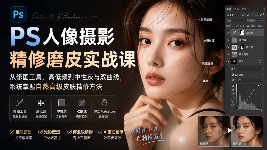 PS人像摄影精修磨皮实战课:从修图工具、高低频到中性灰与双曲线,系统掌握自然高级皮肤精修方法-娜娜项目网
