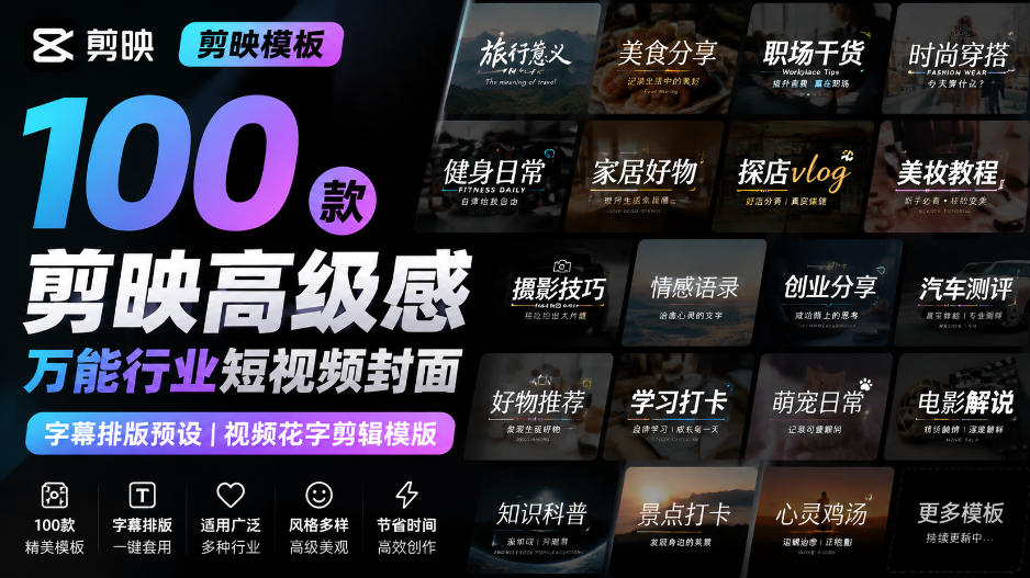 【剪映模板】100款剪映高级感万能行业短视频封面字幕排版预设视频花字剪辑模版-娜娜项目网
