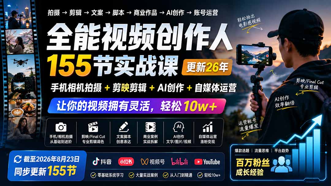 全能视频创作人155节实战课-更新26年8月:手机相机拍摄+剪映剪辑+AI创作+自媒体运营,让你的视频拥有灵活,轻松10w-娜娜项目网