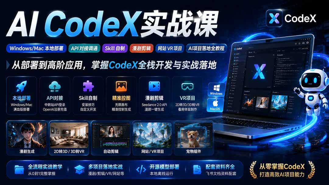 AI CodeX实战课|Windows/Mac 本地部署|API 对接调通|Skill 自制|漫剧剪辑|网站 VR 项目|AI项目落地全教程-娜娜项目网