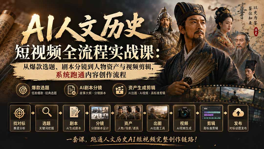 AI人文历史短视频全流程实战课:从爆款选题、剧本分镜到人物资产与视频剪辑,系统跑通内容创作流程-娜娜项目网