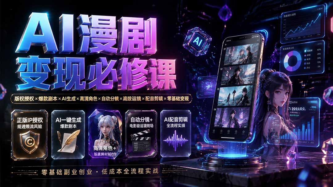 AI漫剧变现必修课:版权授权×爆款剧本×AI生成×高清角色×自动分镜×高级运镜×配音剪辑×零基础变现-娜娜项目网