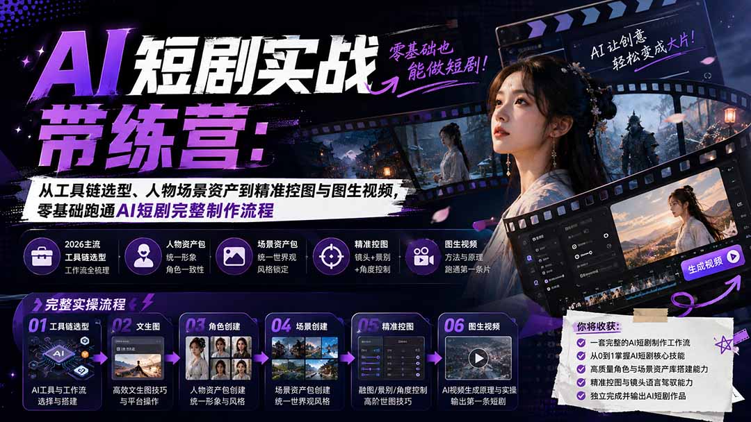 AI短剧实战训练营:从工具链选型、人物场景资产到精准控图与图生视频,零基础跑通AI短剧完整制作流程-娜娜项目网