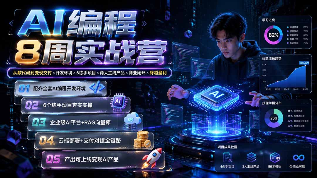AI编程8周实战营:从敲代码到变现交付×开发环境×6练手项目×两大主线产品×商业闭环×跨越盈利-娜娜项目网