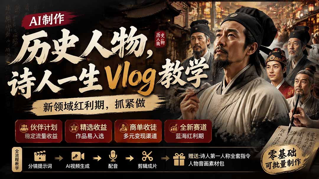 历史人物,诗人一生Vlog教学, AI制作丨伙伴计划丨精选收益丨商单收徒 ,新领域红利期,抓紧做-娜娜项目网
