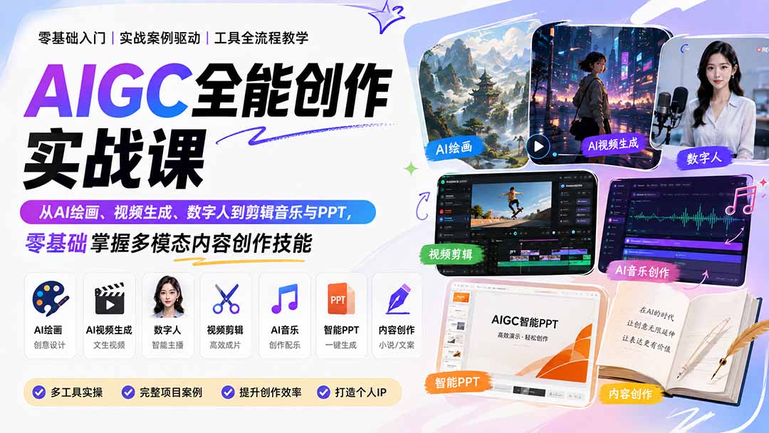 AIGC全能创作实战课:从AI绘画、视频生成、数字人到剪辑音乐与PPT,零基础掌握多模态内容创作技能-娜娜项目网