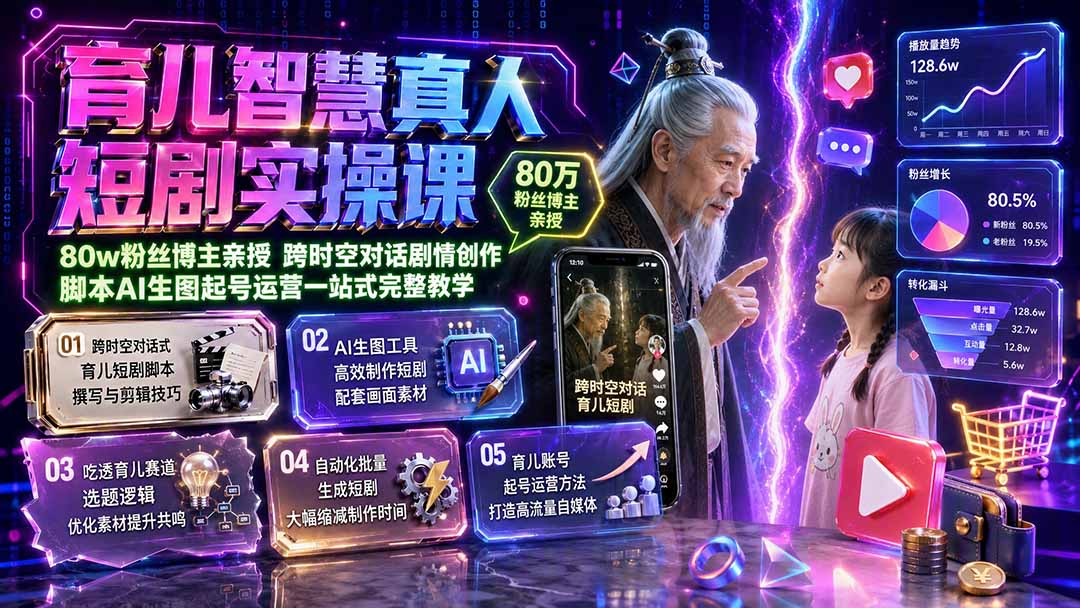 育儿智慧真人短剧实操课|80w粉丝博主亲授,跨时空对话剧情创作,脚本AI生图起号运营一站式完整教学-娜娜项目网