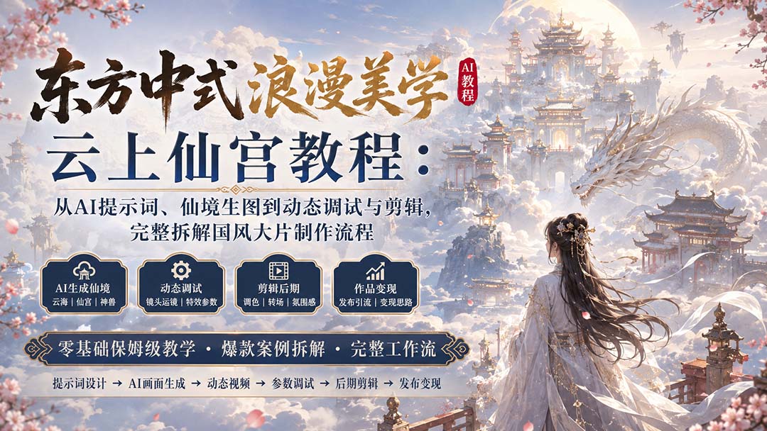 东方中式浪漫美学云上仙宫教程：从AI提示词、仙境生图到动态调试与剪辑，完整拆解国风大片制作流程-娜娜项目网