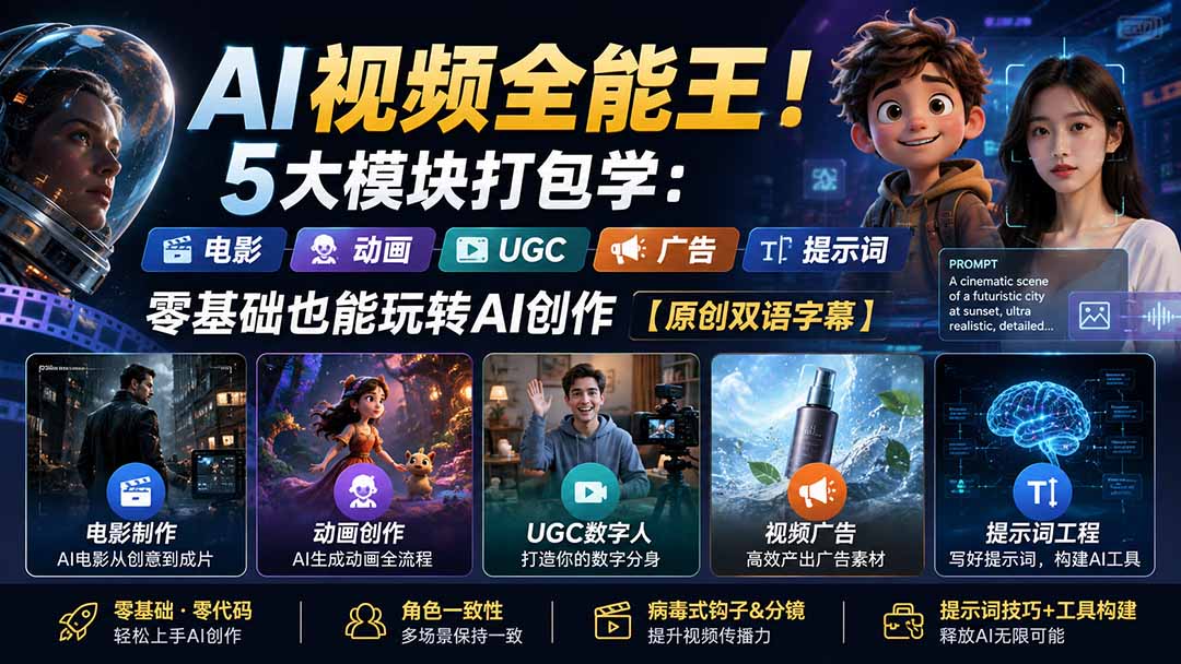 AI视频全能王!5大模块打包学:电影、动画、UGC、广告、提示词,零基础也能玩转AI创作【原创双语字幕】-娜娜项目网