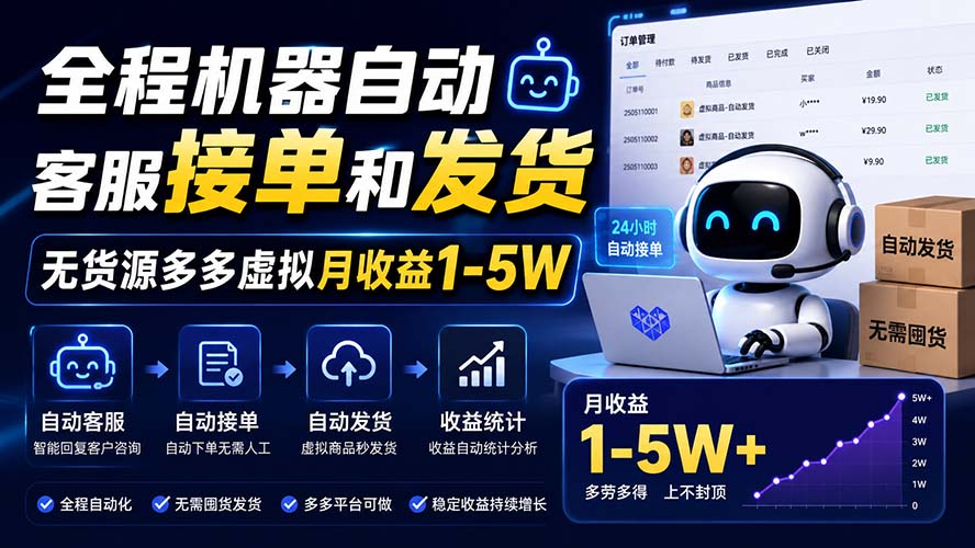 全程机器自动客服接单和发货,无货源多多虚拟月收益1-5W-娜娜项目网