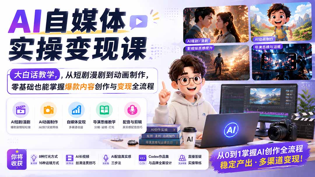 AI自媒体实操变现课｜大白话教学，从短剧漫剧到动画制作，零基础也能掌握爆款内容创作与变现全流程-娜娜项目网