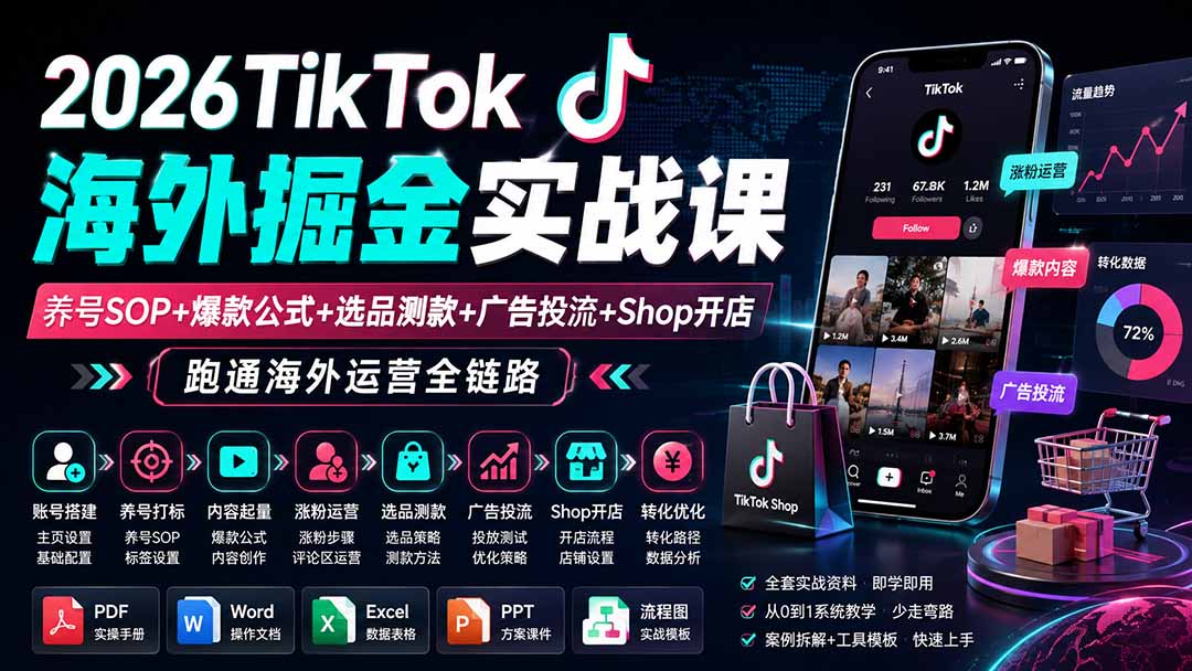 2026TikTok海外掘金实战课——养号SOP+爆款公式+选品测款+广告投流+Shop开店,跑通海外运营全链路-娜娜项目网