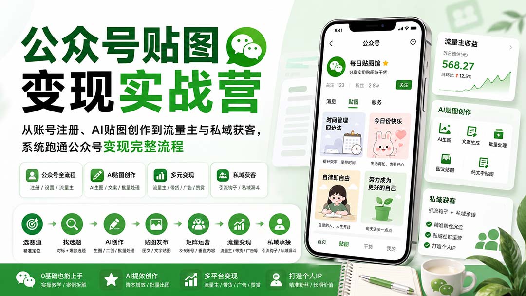 公众号贴图变现实战营:从账号注册、AI贴图创作到流量主与私域获客,系统跑通公众号变现完整流程-娜娜项目网