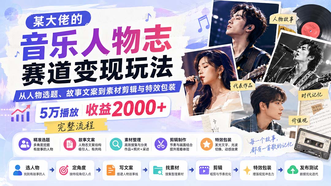 某大佬的音乐人物志赛道变现玩法:从人物选题、故事文案到素材剪辑与特效包装,5万播放收益2000+完整流程-娜娜项目网