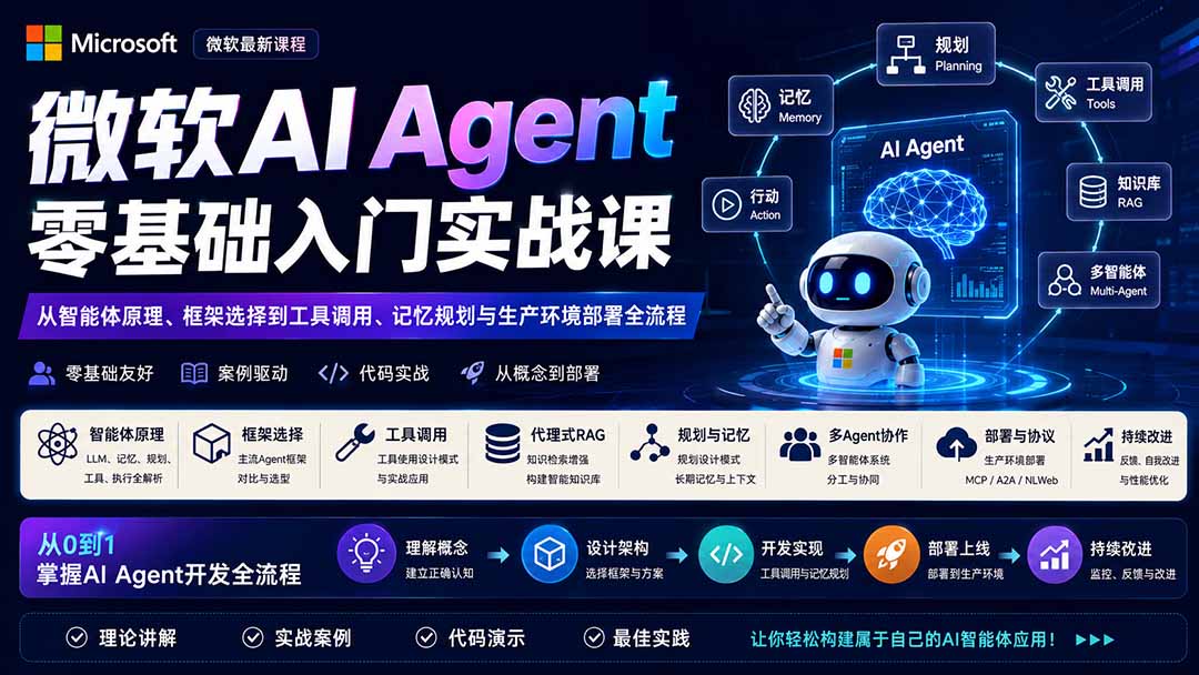 微软AI Agent零基础入门实战课:从智能体原理、框架选择到工具调用、记忆规划与生产环境部署全流程-娜娜项目网
