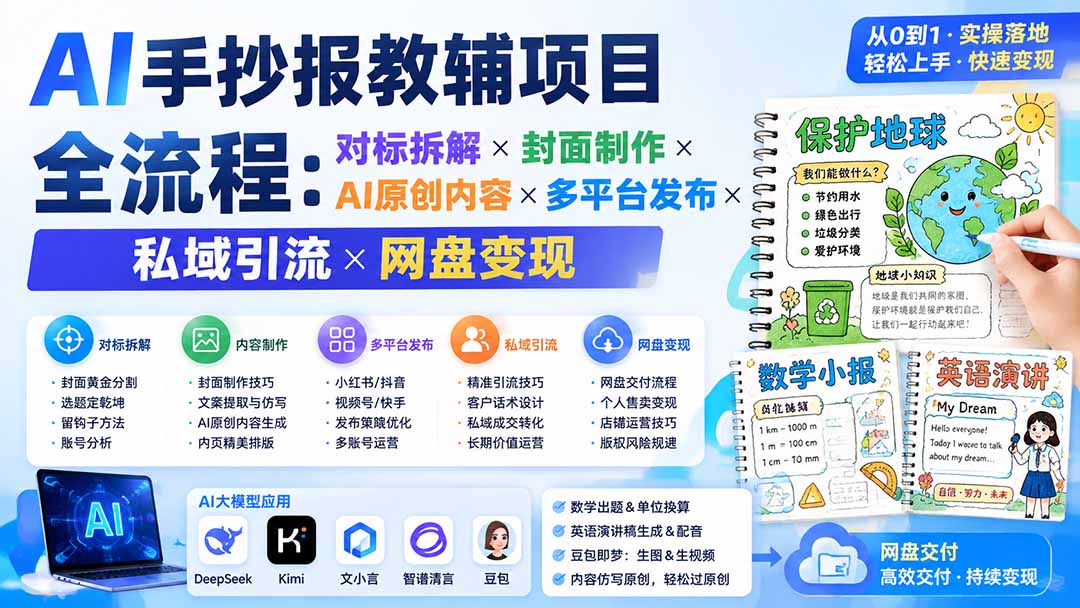 AI手抄报教辅项目全流程：对标拆解×封面制作×AI原创内容×多平台发布×私域引流×网盘变现-娜娜项目网