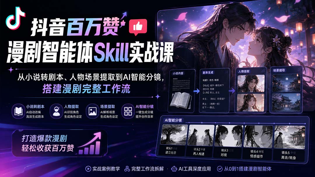 抖音百万赞漫剧智能体Skill实战课:从小说转剧本、人物场景提取到AI智能分镜,搭建漫剧完整工作流-娜娜项目网
